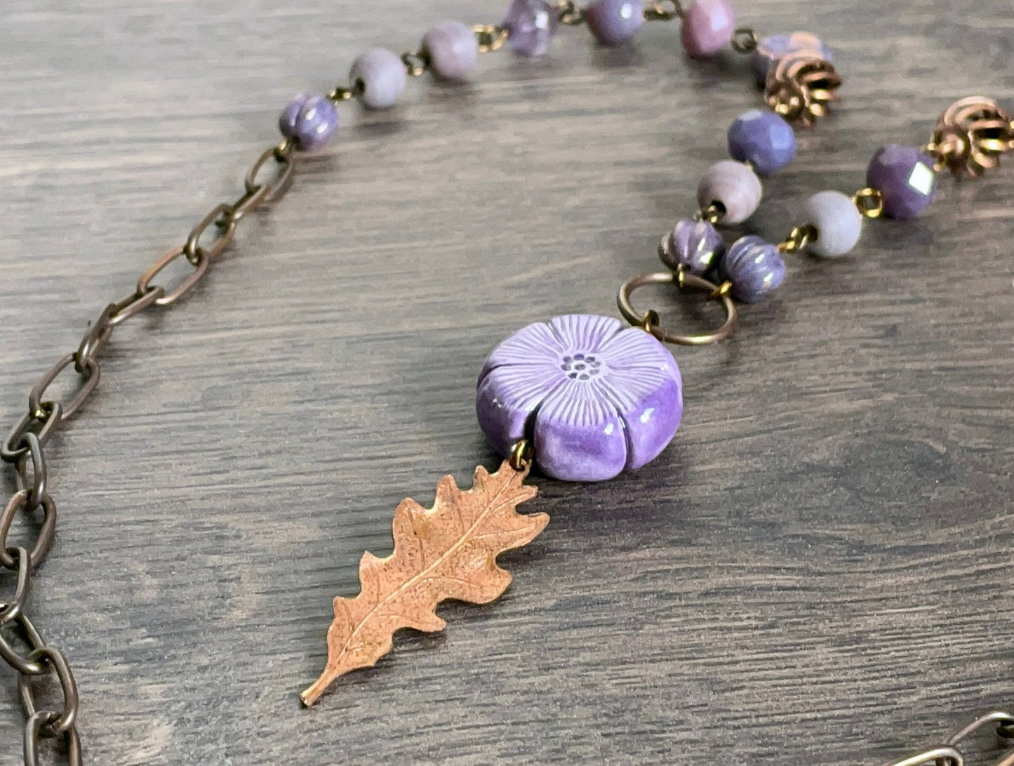 Rustic Copper Leaf Necklace. Purple Beaded Necklace. One of a Kind Mixed Media Necklace. Inspired by Nature