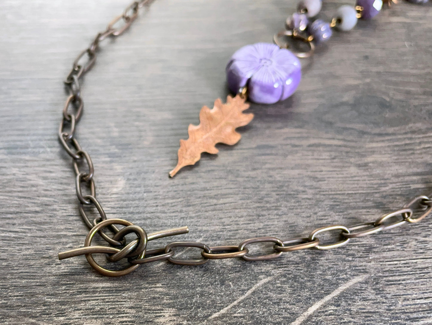 Rustic Copper Leaf Necklace. Purple Beaded Necklace. One of a Kind Mixed Media Necklace. Inspired by Nature