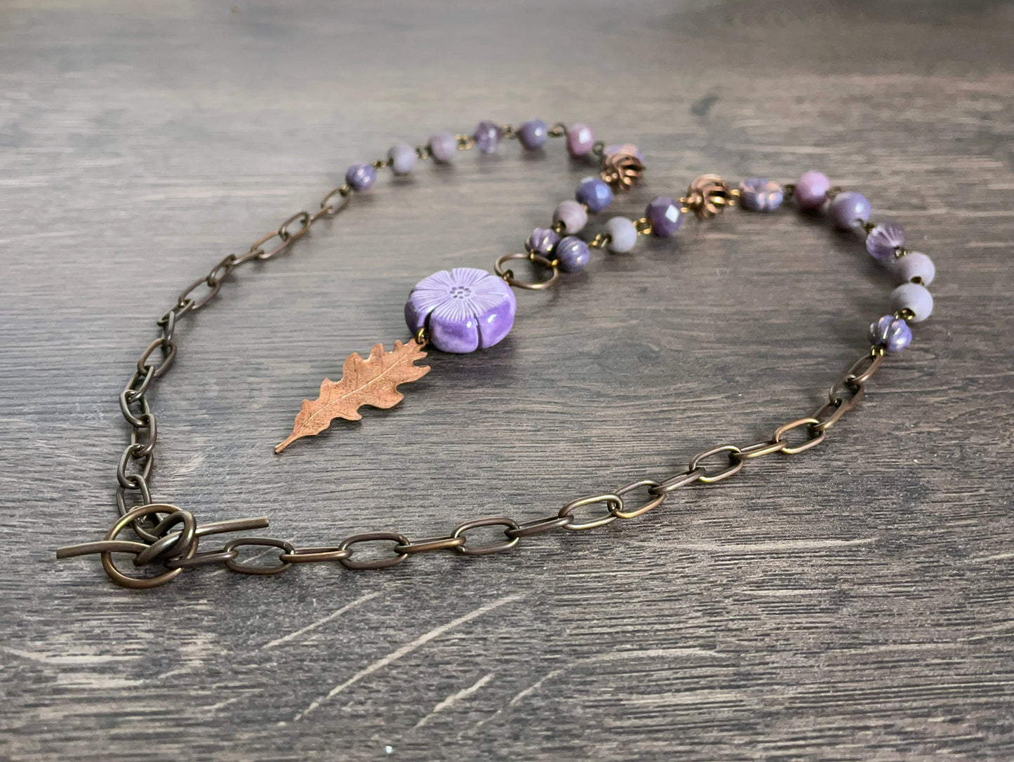 Rustic Copper Leaf Necklace. Purple Beaded Necklace. One of a Kind Mixed Media Necklace. Inspired by Nature