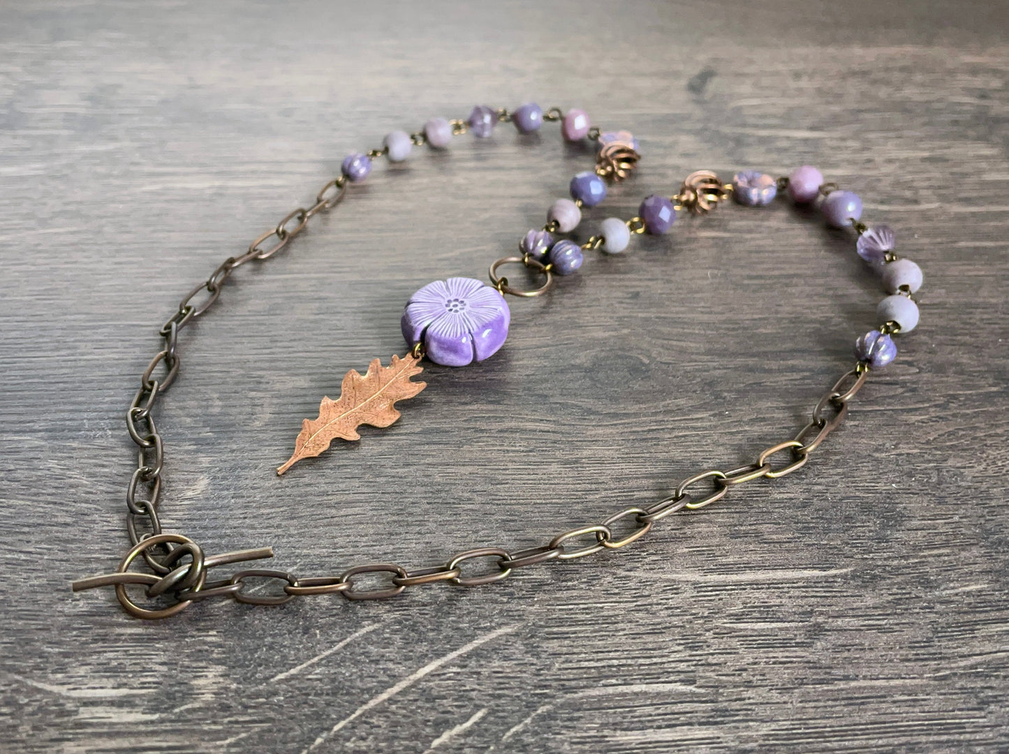 Rustic Copper Leaf Necklace. Purple Beaded Necklace. One of a Kind Mixed Media Necklace. Inspired by Nature