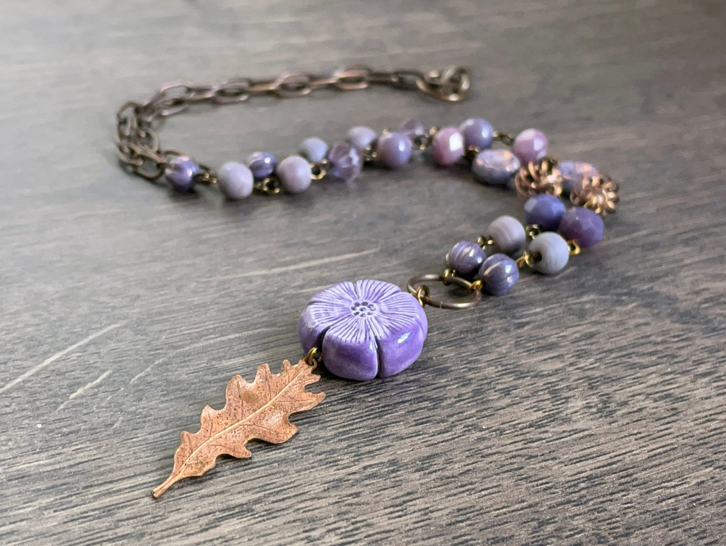 Rustic Copper Leaf Necklace. Purple Beaded Necklace. One of a Kind Mixed Media Necklace. Inspired by Nature