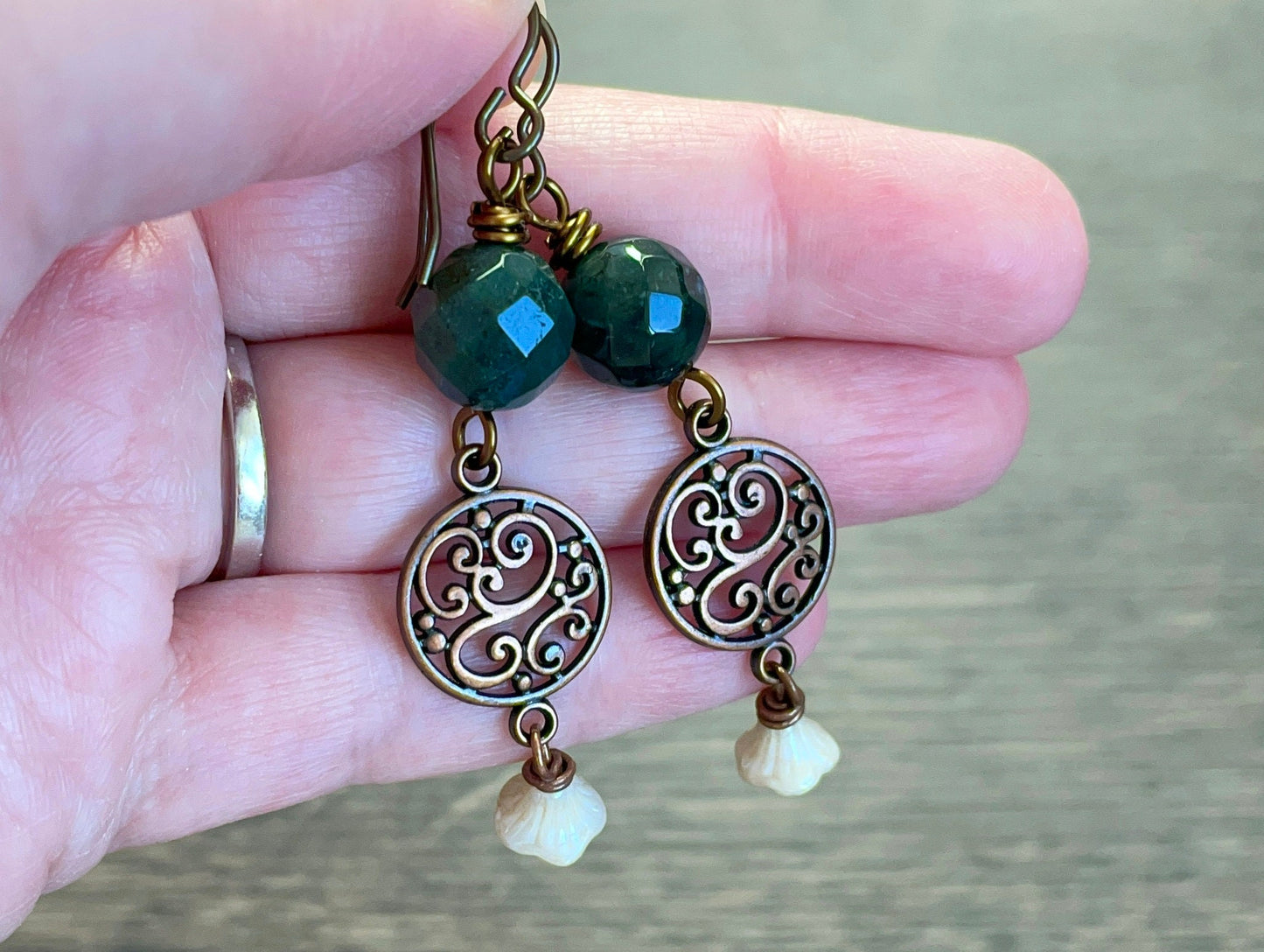 Dark Green Indian Agate Earrings with Glass Flowers - Bohemian Gemstone Jewellery