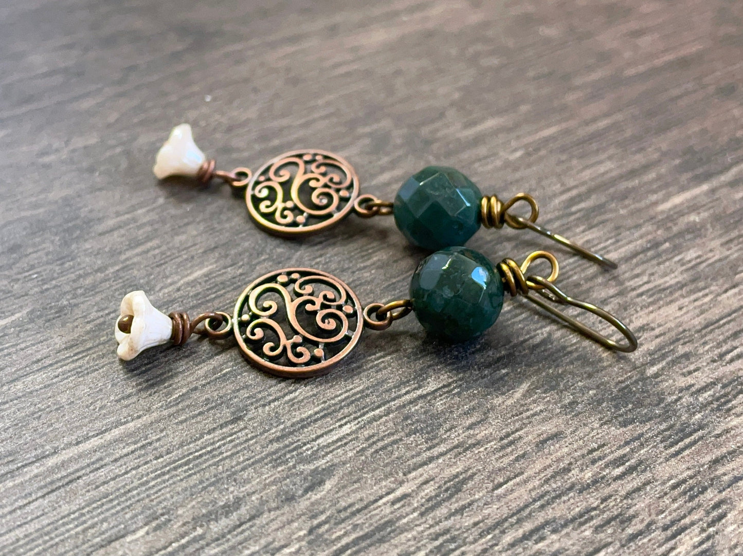 Dark Green Indian Agate Earrings with Glass Flowers - Bohemian Gemstone Jewellery