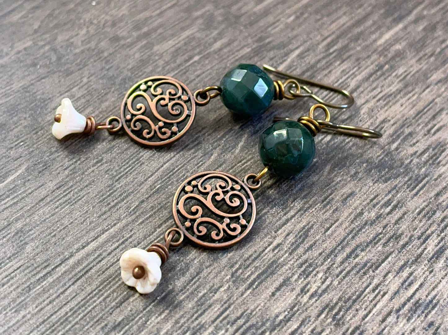 Dark Green Indian Agate Earrings with Glass Flowers - Bohemian Gemstone Jewellery