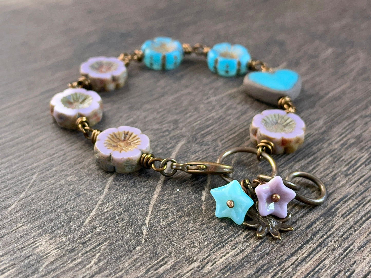 Artisan Ceramic Heart Bracelet. Lavender & Blue Czech Glass Flower Bracelet. Bohemian Style Floral Bracelet. Wire Wrapped Bracelet