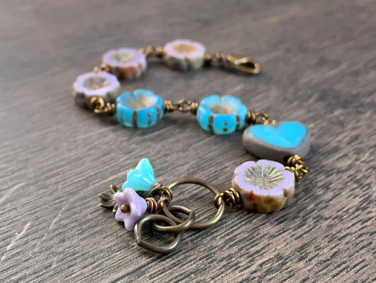 Artisan Ceramic Heart Bracelet. Lavender & Blue Czech Glass Flower Bracelet. Bohemian Style Floral Bracelet. Wire Wrapped Bracelet