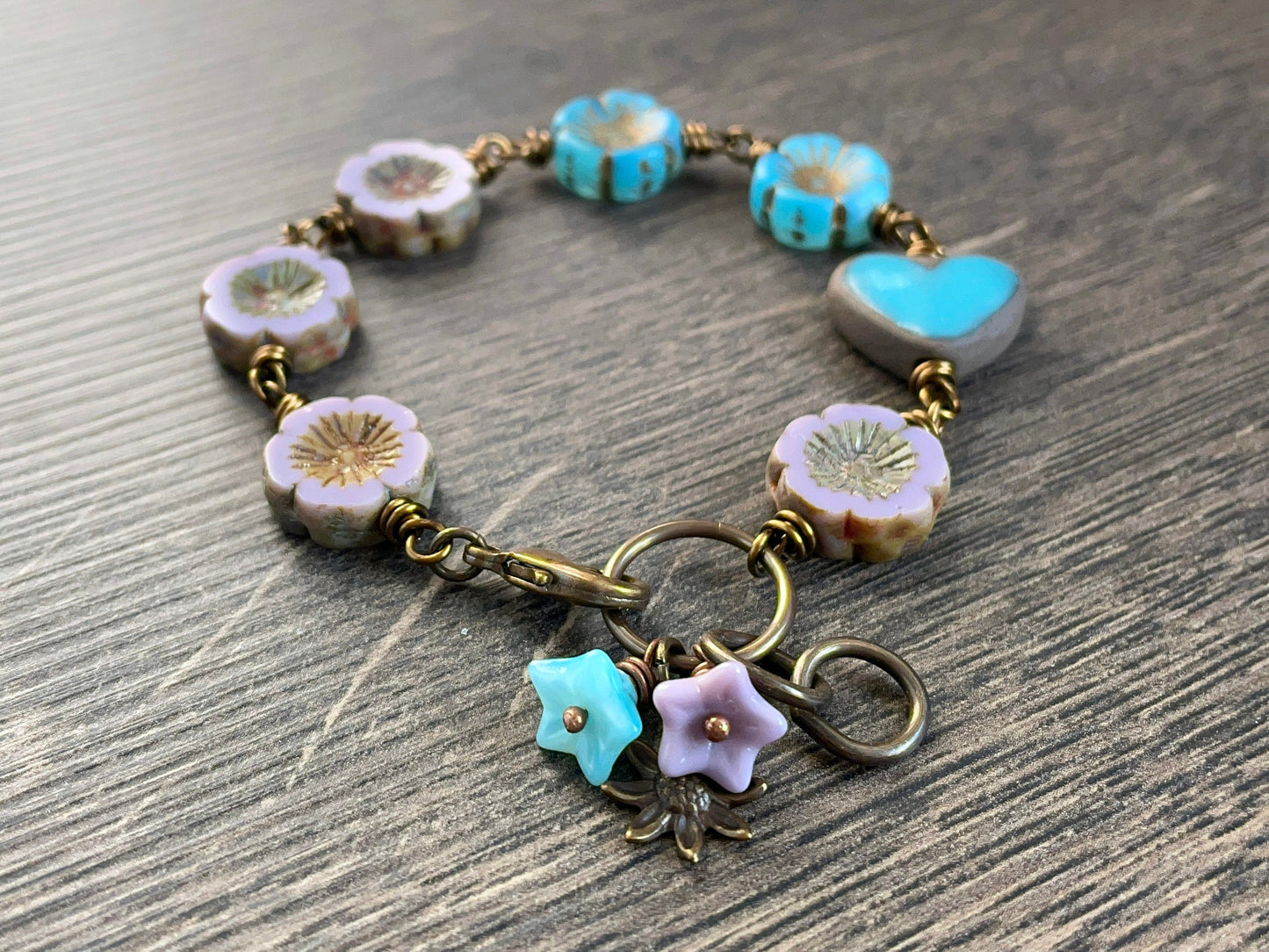 Artisan Ceramic Heart Bracelet. Lavender & Blue Czech Glass Flower Bracelet. Bohemian Style Floral Bracelet. Wire Wrapped Bracelet