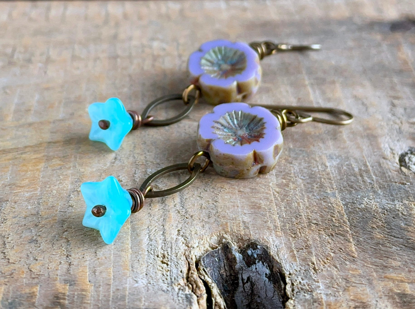 Lavender and Blue Floral Czech Glass Earrings. Boho Flower Jewellery for Spring. Nature Lover Gift Ideas