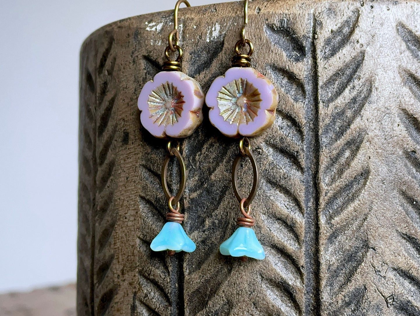 Lavender and Blue Floral Czech Glass Earrings. Boho Flower Jewellery for Spring. Nature Lover Gift Ideas