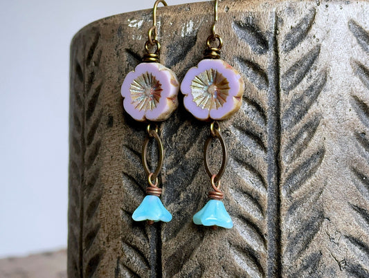 Lavender and Blue Floral Czech Glass Earrings. Boho Flower Jewellery for Spring. Nature Lover Gift Ideas