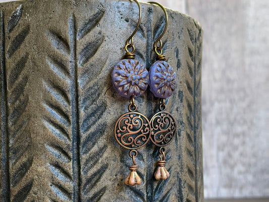 Rustic Czech Glass Flower Earrings. Dahlia Flower Earrings. Mauve  Copper Earrings. Bohemian Style Earrings