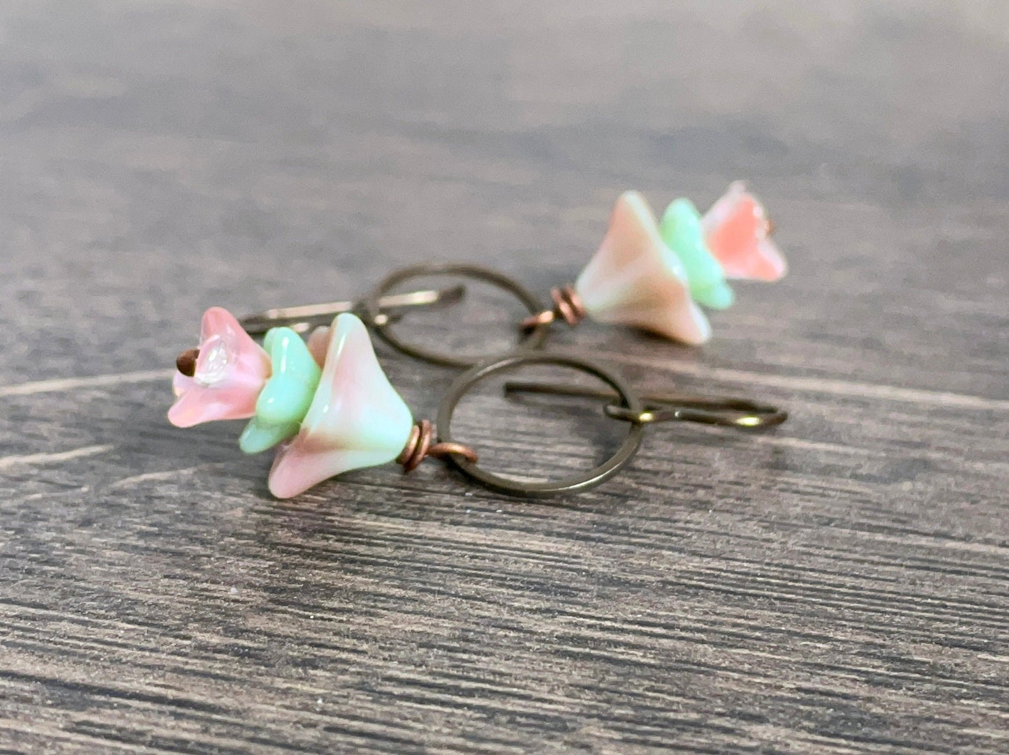 Spring Inspired Bell Flower Earrings - Pink & Mint Green. Pastel Czech Glass Jewellery. Floral Dangles