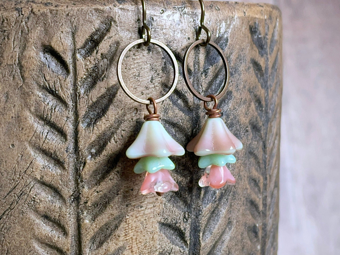 Spring Inspired Bell Flower Earrings - Pink & Mint Green. Pastel Czech Glass Jewellery. Floral Dangles