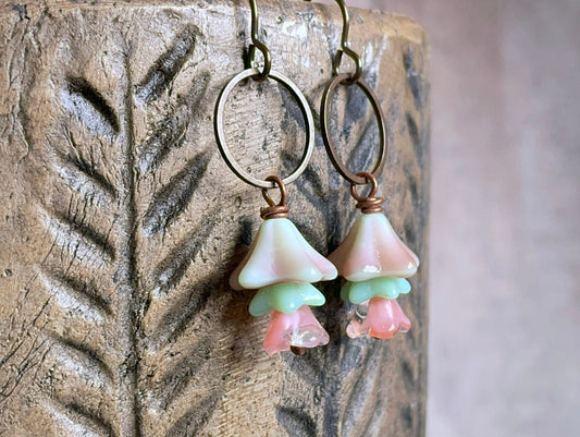 Spring Inspired Bell Flower Earrings - Pink & Mint Green. Pastel Czech Glass Jewellery. Floral Dangles