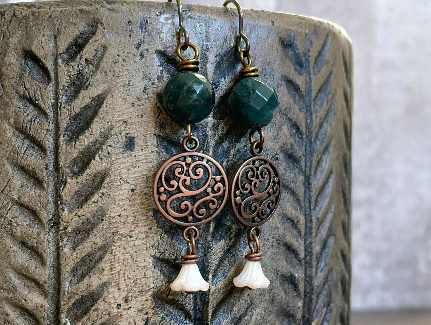 Dark Green Indian Agate Earrings with Glass Flowers - Bohemian Gemstone Jewellery