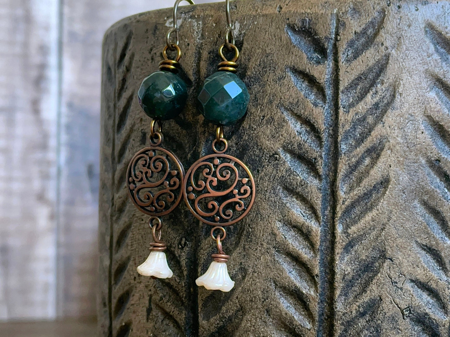 Dark Green Indian Agate Earrings with Glass Flowers - Bohemian Gemstone Jewellery