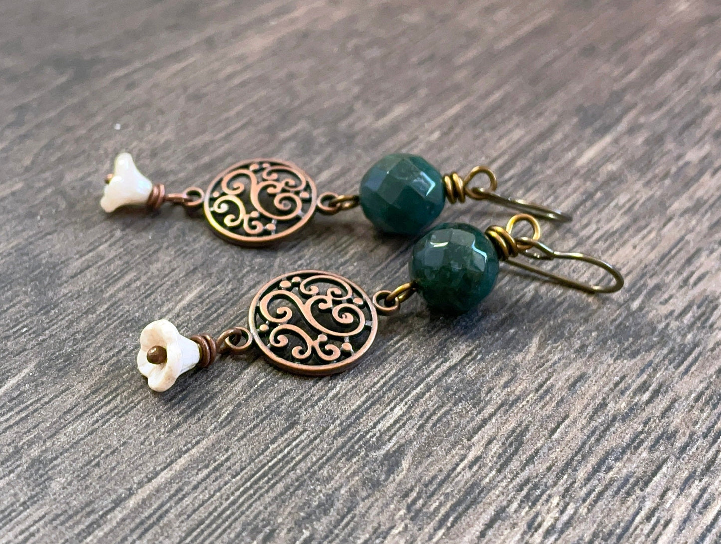 Dark Green Indian Agate Earrings with Glass Flowers - Bohemian Gemstone Jewellery