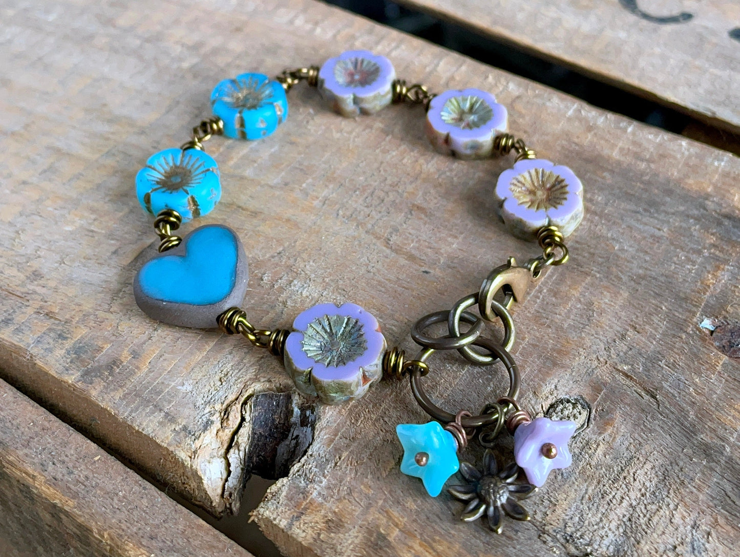 Artisan Ceramic Heart Bracelet. Lavender & Blue Czech Glass Flower Bracelet. Bohemian Style Floral Bracelet. Wire Wrapped Bracelet