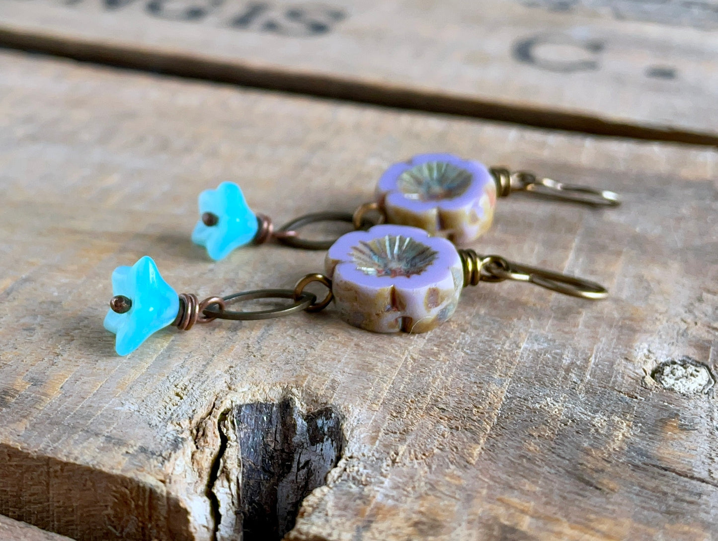 Lavender and Blue Floral Czech Glass Earrings. Boho Flower Jewellery for Spring. Nature Lover Gift Ideas