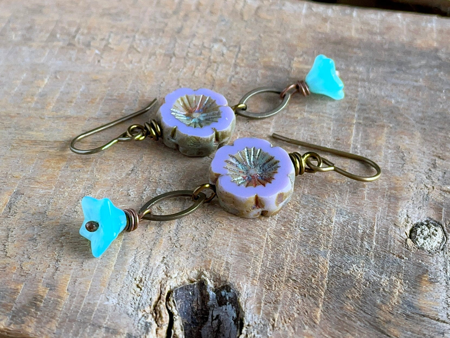 Lavender and Blue Floral Czech Glass Earrings. Boho Flower Jewellery for Spring. Nature Lover Gift Ideas