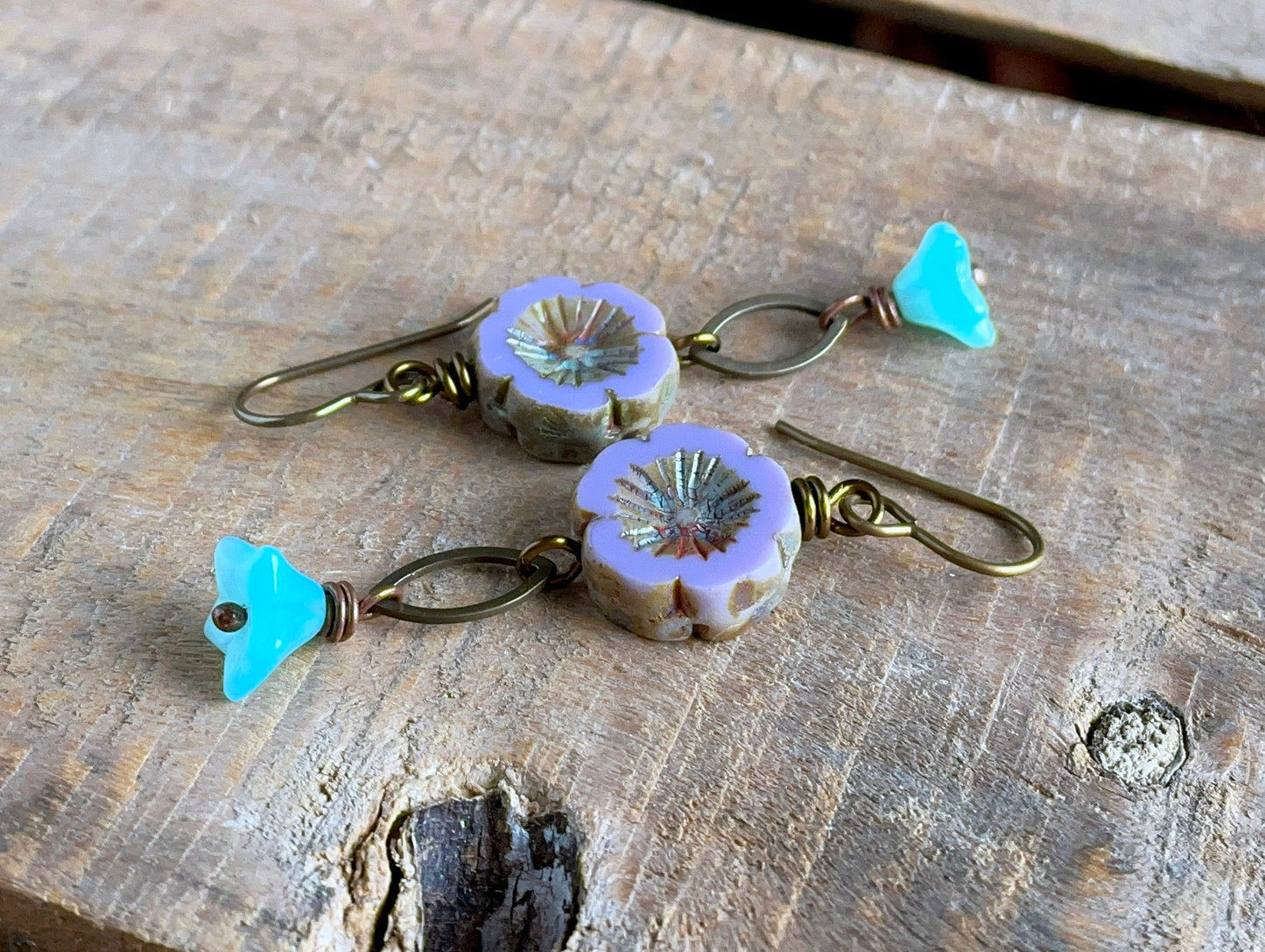 Lavender and Blue Floral Czech Glass Earrings. Boho Flower Jewellery for Spring. Nature Lover Gift Ideas