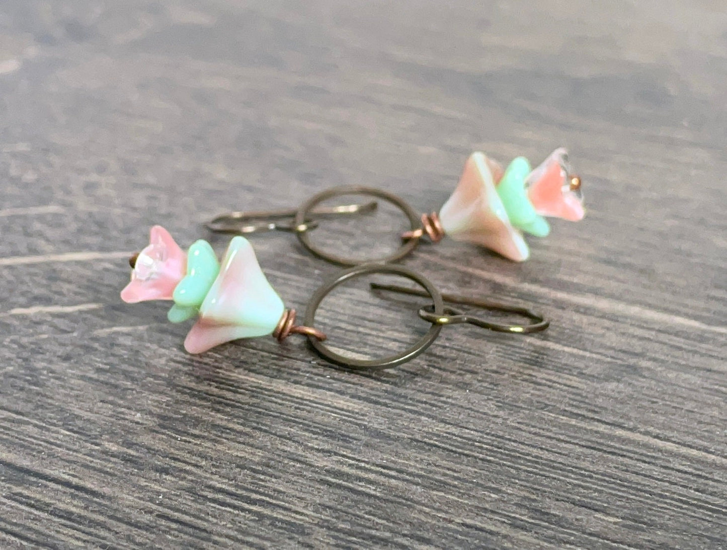 Spring Inspired Bell Flower Earrings - Pink & Mint Green. Pastel Czech Glass Jewellery. Floral Dangles