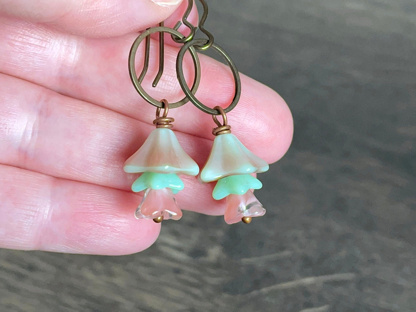 Spring Inspired Bell Flower Earrings - Pink & Mint Green. Pastel Czech Glass Jewellery. Floral Dangles