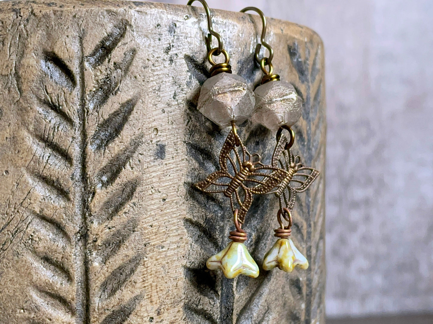 Bohemian Brass Butterfly Earrings with Rustic Czech Glass - Whimsical and Unique Nature Jewellery