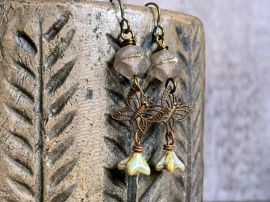 Bohemian Brass Butterfly Earrings with Rustic Czech Glass - Whimsical and Unique Nature Jewellery