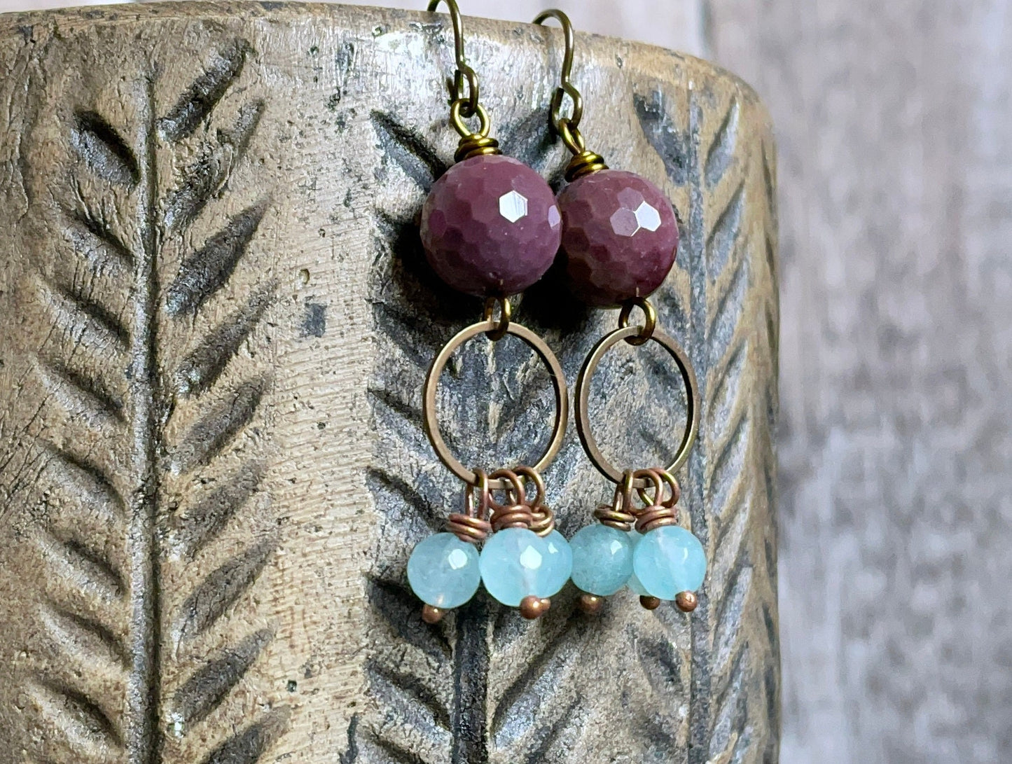 Sparkling Mookaite Semi Precious Earrings - Bohemian Cluster Earrings in Purple & Blue