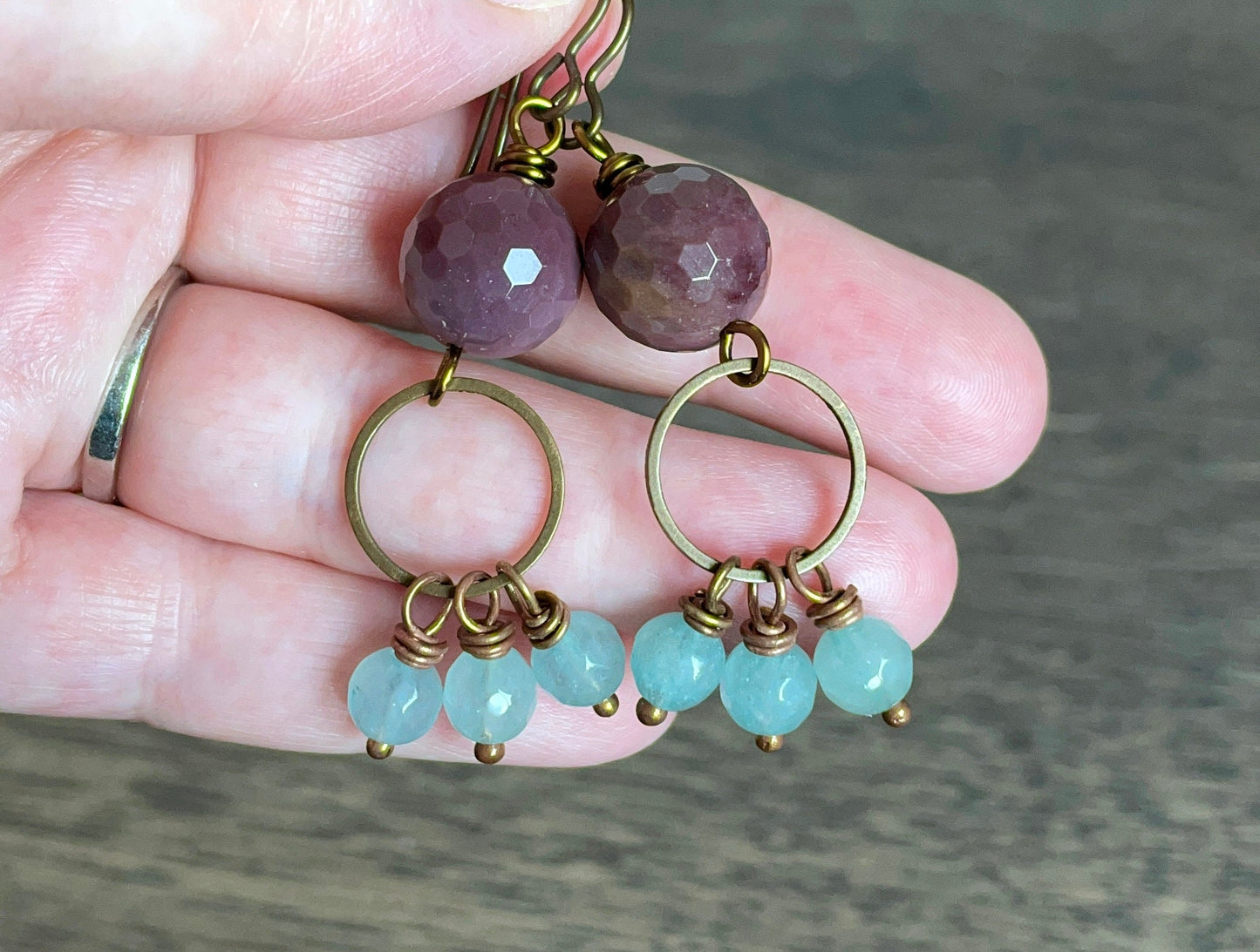 Sparkling Mookaite Semi Precious Earrings - Bohemian Cluster Earrings in Purple & Blue