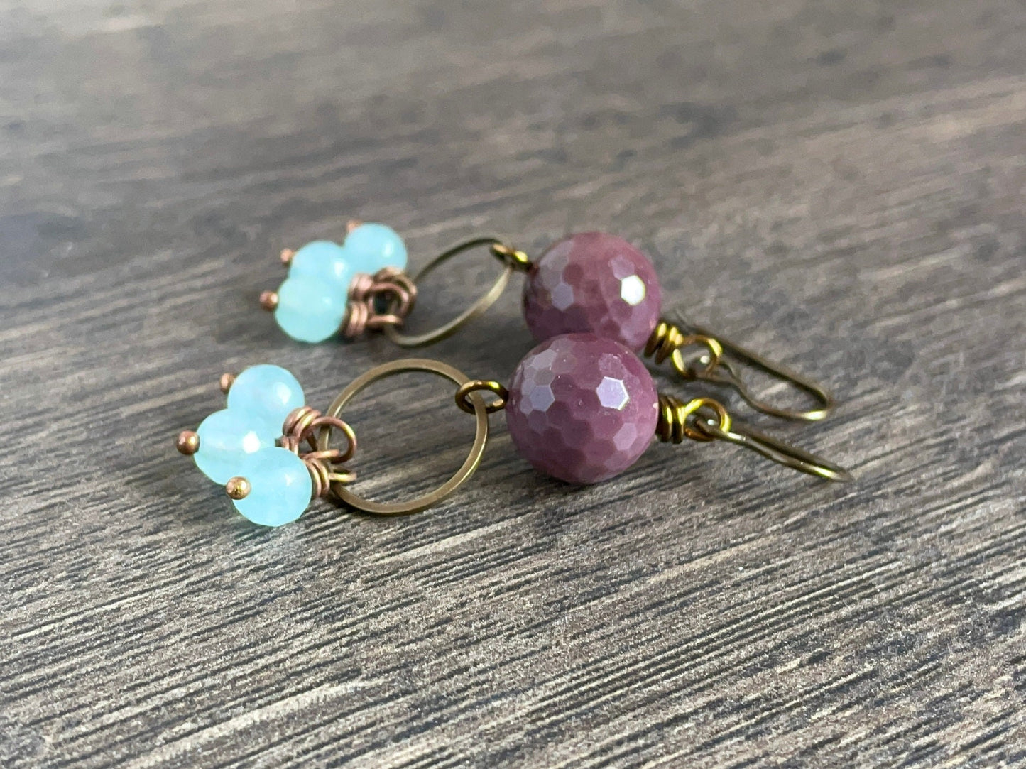 Sparkling Mookaite Semi Precious Earrings - Bohemian Cluster Earrings in Purple & Blue