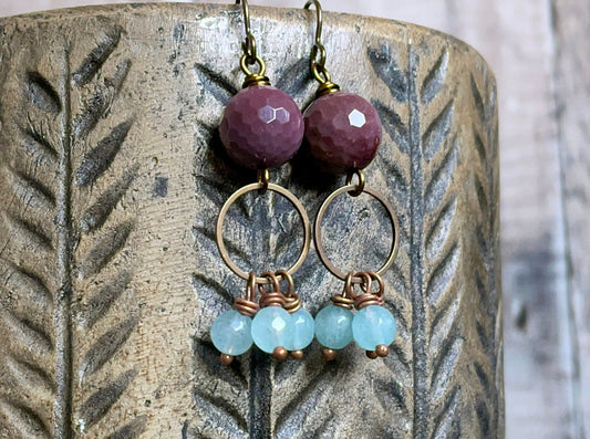 Sparkling Mookaite Semi Precious Earrings - Bohemian Cluster Earrings in Purple & Blue