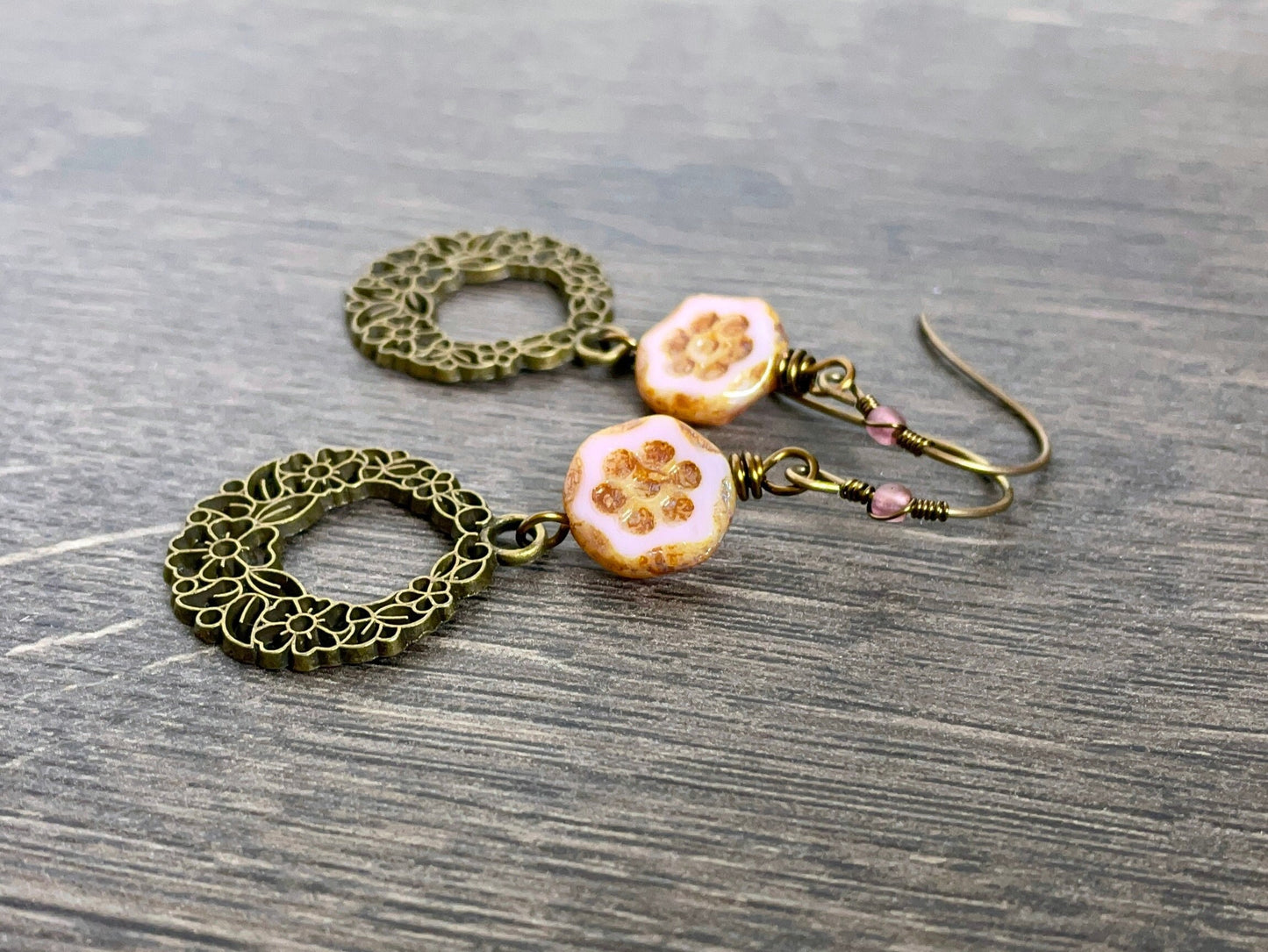 Pink Czech Glass Bead Earrings - Long Dangle Earrings for Spring - Pretty and Feminine Floral Jewellery