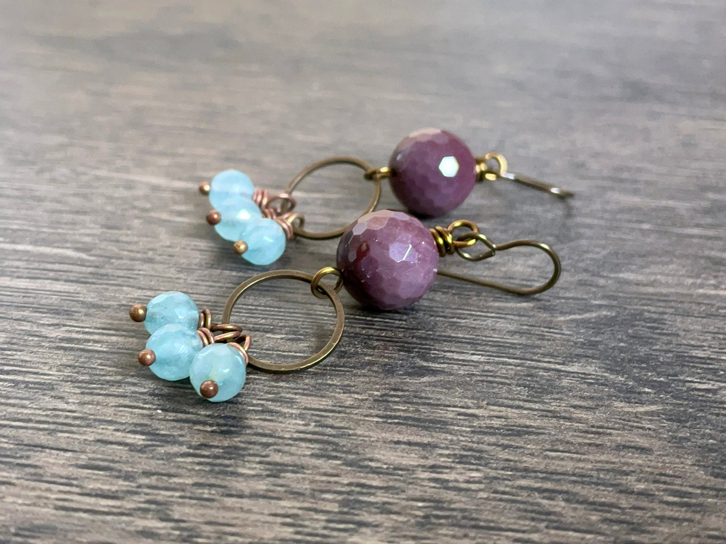 Sparkling Mookaite Semi Precious Earrings - Bohemian Cluster Earrings in Purple & Blue