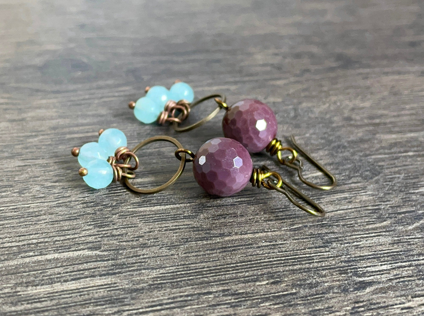 Sparkling Mookaite Semi Precious Earrings - Bohemian Cluster Earrings in Purple & Blue