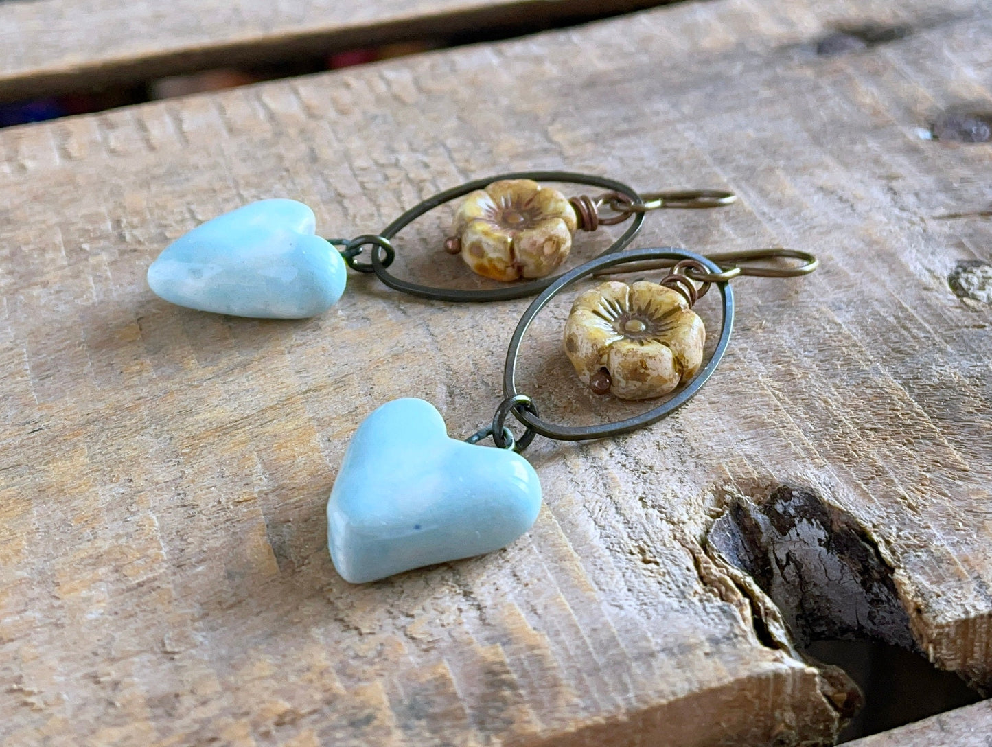 Handcrafted Blue Heart Earrings with Czech Glass Flowers – Artisan Ceramic Jewellery