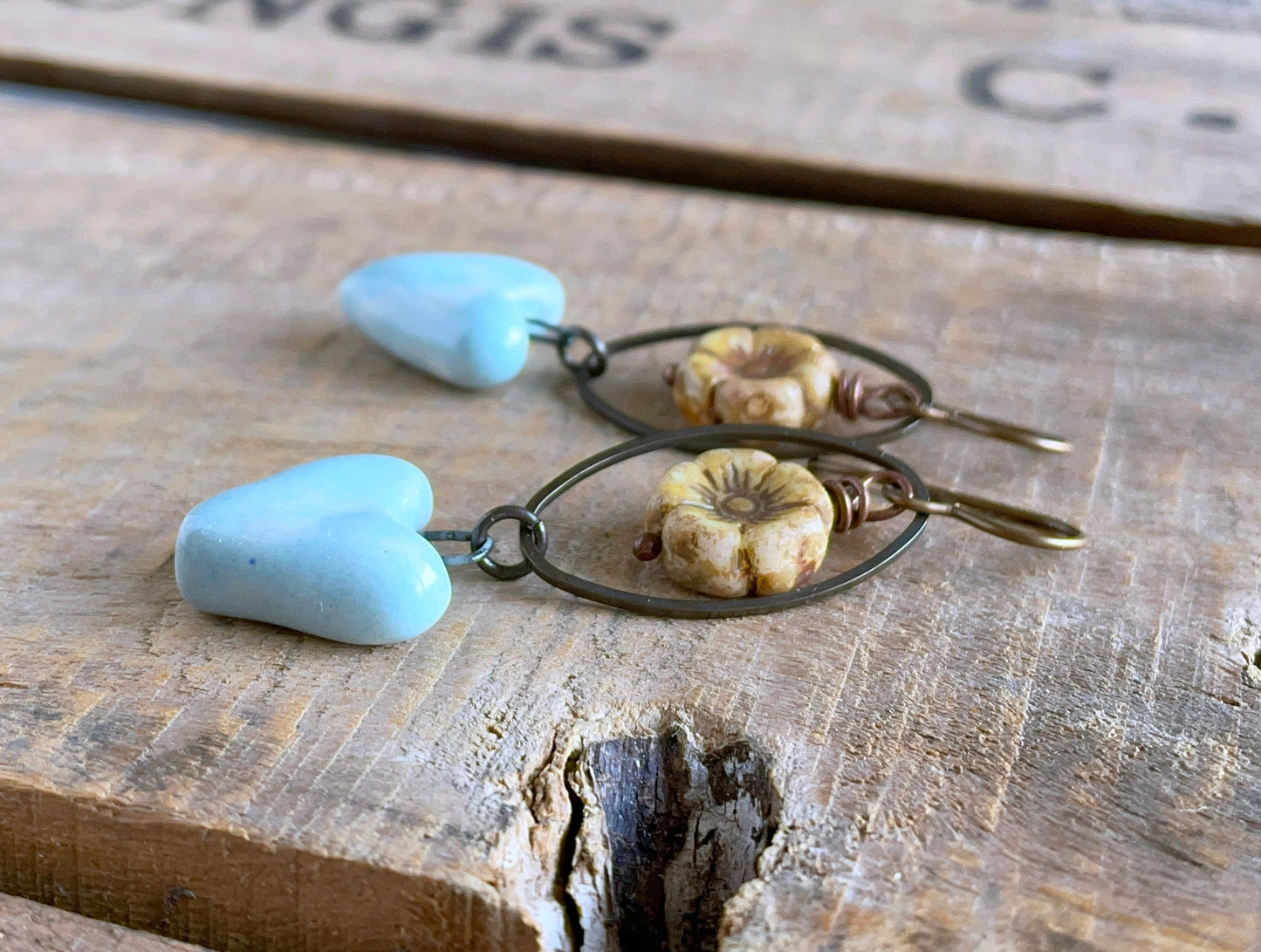 Handcrafted Blue Heart Earrings with Czech Glass Flowers – Artisan Ceramic Jewellery