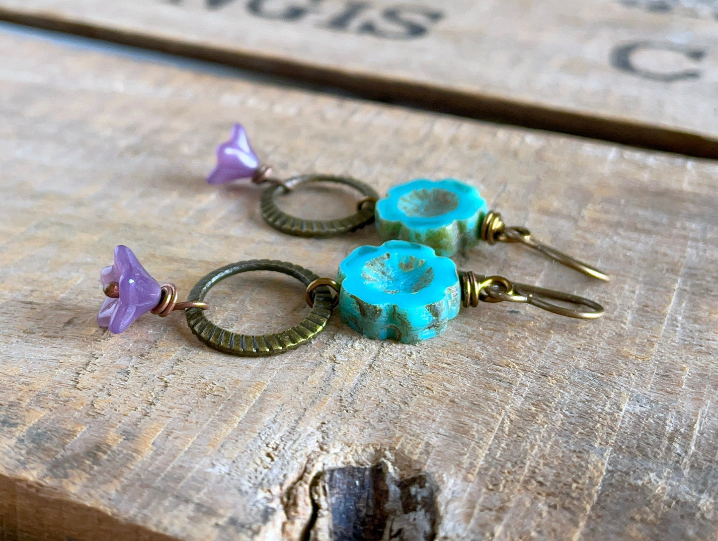 Bohemian Floral Earrings, Turquoise & Purple Glass Flowers, Colourful Czech Glass Jewellery, Summer Style