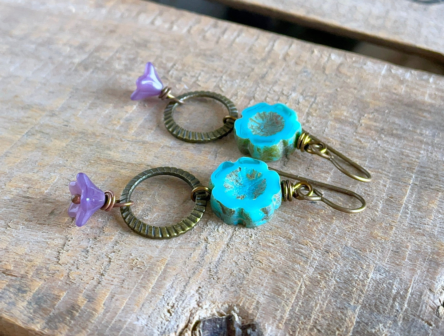 Bohemian Floral Earrings, Turquoise & Purple Glass Flowers, Colourful Czech Glass Jewellery, Summer Style