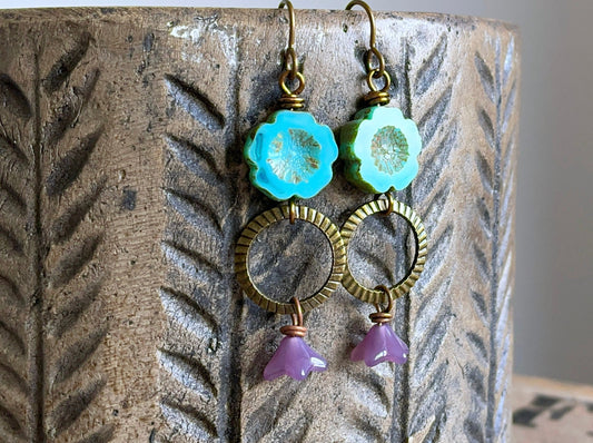 Bohemian Floral Earrings, Turquoise & Purple Glass Flowers, Colourful Czech Glass Jewellery, Summer Style