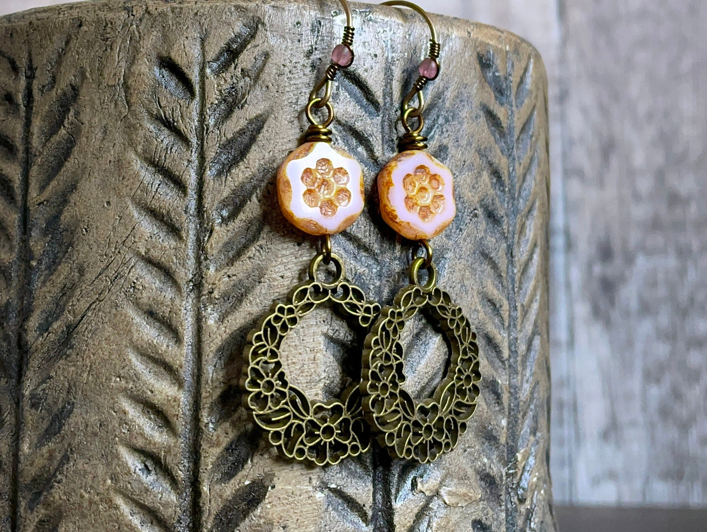 Pink Czech Glass Bead Earrings - Long Dangle Earrings for Spring - Pretty and Feminine Floral Jewellery