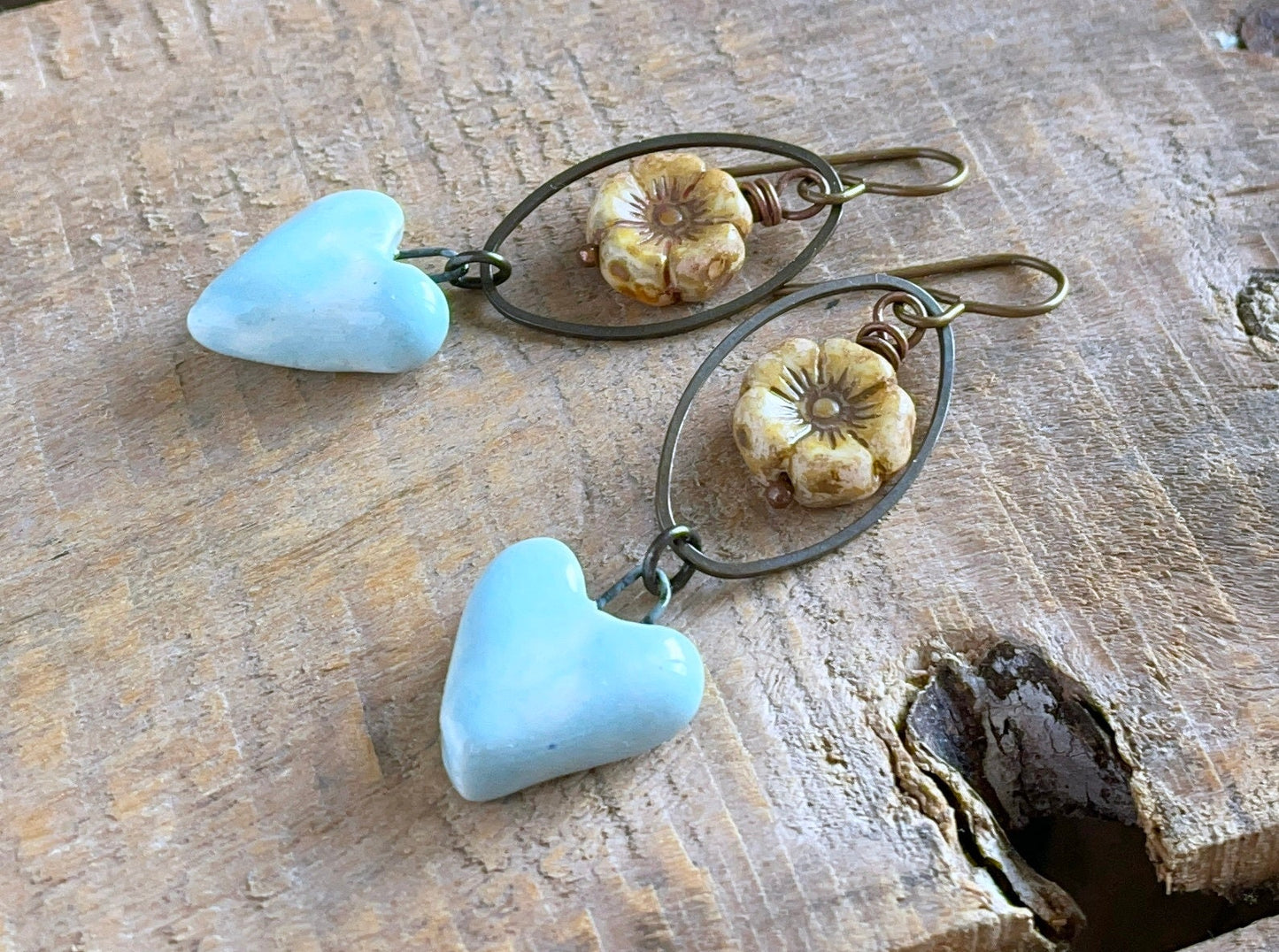 Handcrafted Blue Heart Earrings with Czech Glass Flowers – Artisan Ceramic Jewellery