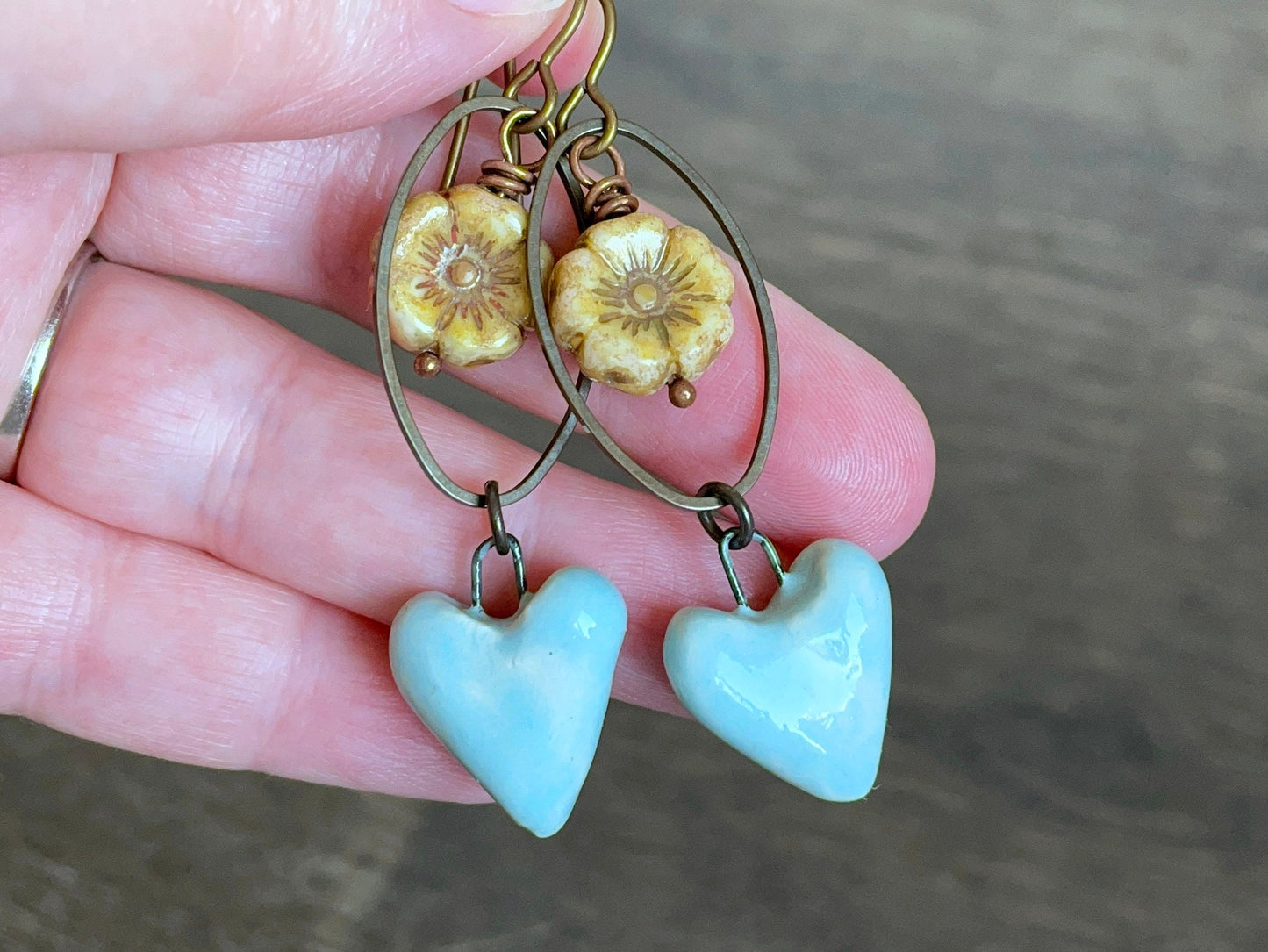 Handcrafted Blue Heart Earrings with Czech Glass Flowers – Artisan Ceramic Jewellery