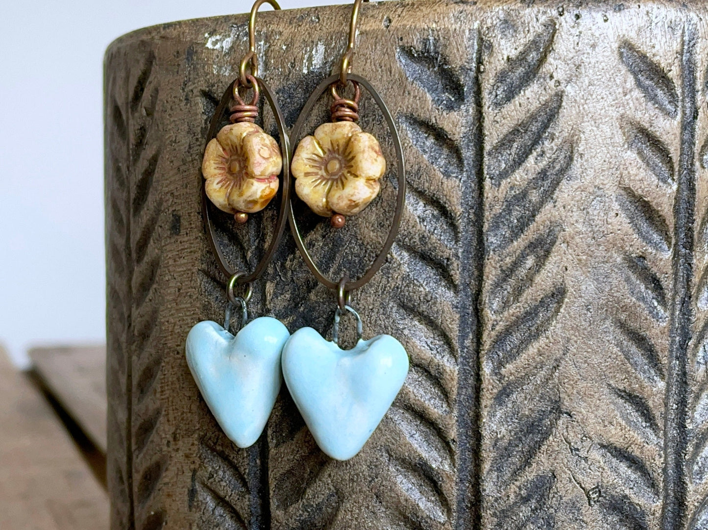 Handcrafted Blue Heart Earrings with Czech Glass Flowers – Artisan Ceramic Jewellery