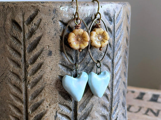 Handcrafted Blue Heart Earrings with Czech Glass Flowers – Artisan Ceramic Jewellery