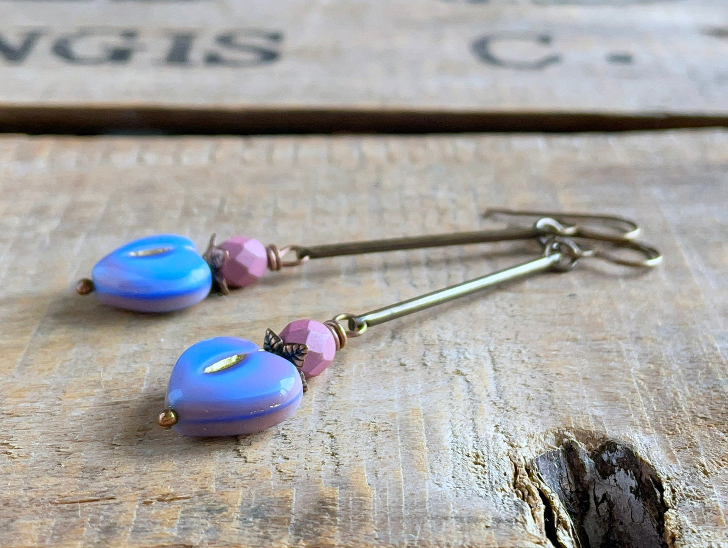 Blue & Pink Czech Glass Heart Earrings - Lightweight Bohemian Brass Jewellery