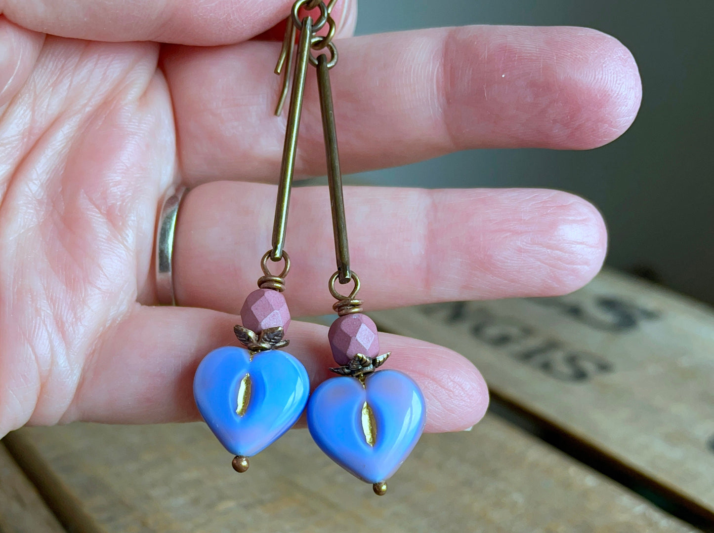 Blue & Pink Czech Glass Heart Earrings - Lightweight Bohemian Brass Jewellery