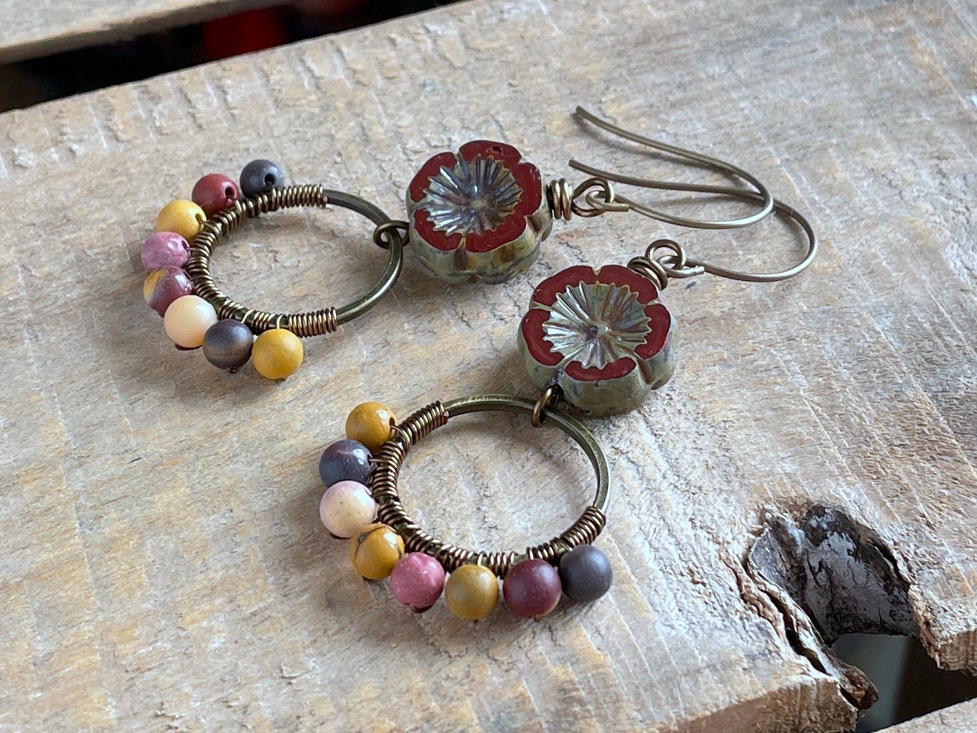 Mookaite & Czech Glass Flower Earrings. Bohemian Style Wirework Hoops. Semi Precious Bead Jewellery