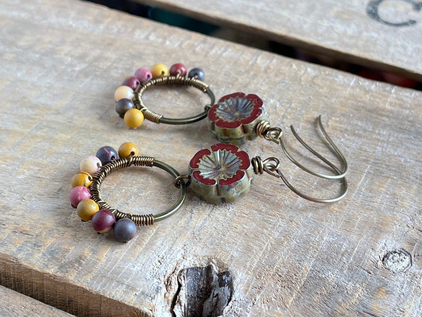 Mookaite & Czech Glass Flower Earrings. Bohemian Style Wirework Hoops. Semi Precious Bead Jewellery